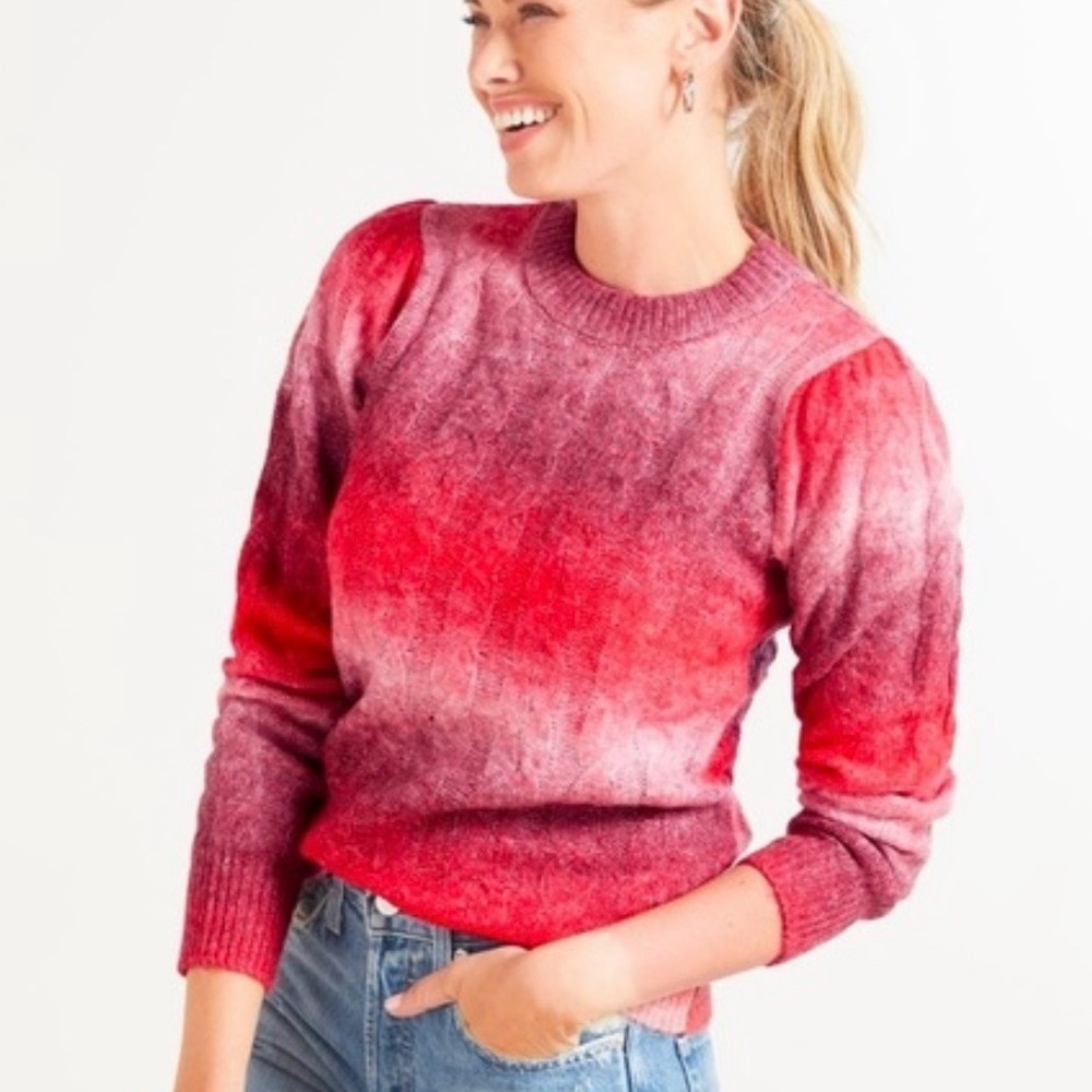 Jamison Ombré Red Multi, Crew Neck, Cable Knit Sweater, Puff Shoulder, Size M